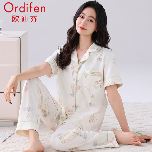欧迪芬（Ordifen）女士睡衣女夏季100%纯棉短袖长裤家居服女舒适可外穿翻领休闲套装
