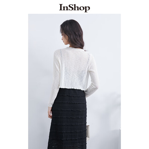 Inshop [mismo estilo en el centro comercial] Nuevo suéter de textura suave y ligeramente translúcido para mujeres con delicada cárdigan delgada en blanco M