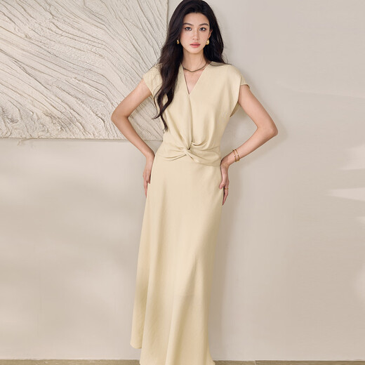 ROEYSHOUSE roe style design sense hemp kink set 2025 summer new pleated top skirt two-piece set 12392 light yellow S