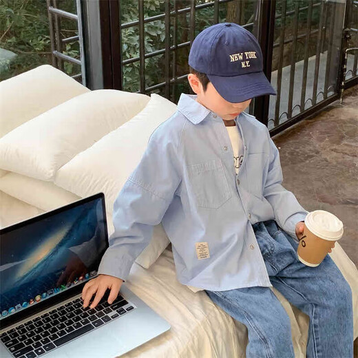 Children's clothing boys' contrasting line shirts 2025 new children's shirts spring and autumn styles for medium and large children long-sleeved trendy autumn tops green 130