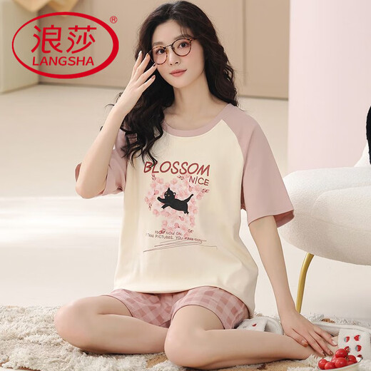 Langsha (Langsha) Pure Cotton Pyjamas Kurzärärmelte Frauen 2025 NEUE SOMMER Pink Plaid Shorts Sakura Black Cat Home Clothing Set OY723 2XL (geeignet für Gewicht 130-150 Jin [Jin gleich 0,5 kg])