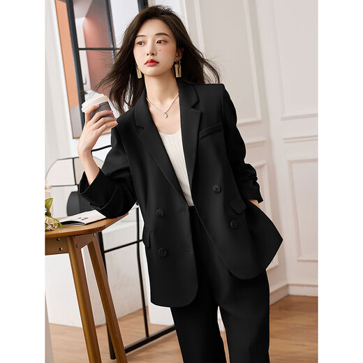 Awakening Paradise Double-breasted Loose Suit Casual Pants Two-piece Spring and Autumn Style Small Suit Pants Set Black XL