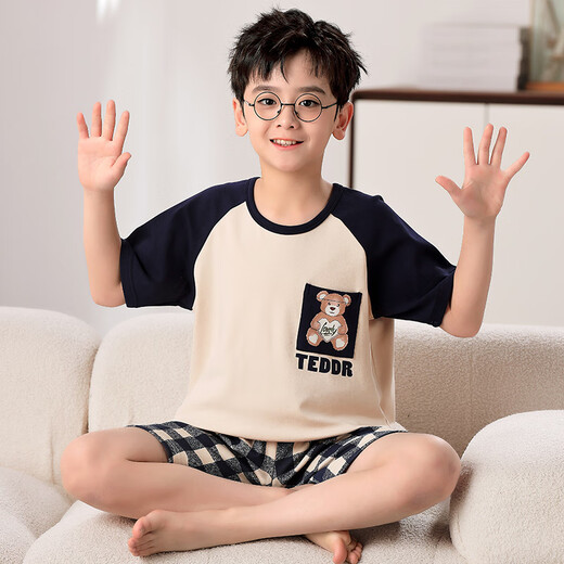 曼妮朵儿童睡衣夏季纯棉短袖长裤可爱卡通青少年学生男孩男童薄款家居服 F724【双短】 165 L码建议160-165cm