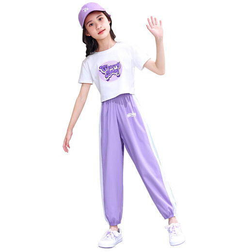 小憨鹿女童夏季新款运动套装潮流短袖宽松薄款夏装 5729紫色+9889白色 160 cm
