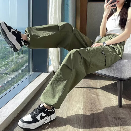 Lässige einfache Dopamin-Verschleiß-Arbeitshose für Frauen im Frühling und im Sommer Drawess Hip-Hop Dünne Drop-Feel Weitbein-Bodenhose My-689 Black XL