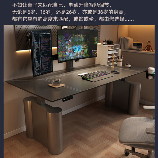 Lolik Electric Desktop Computer Desk Home Anchor Game Double Lift Table Desktop Workbench Study Table CL45 Upgraded Version Desktop Power Strip/Dark Gray Saddle Leather Surface 240*80cn Desktop Size/Installation Included