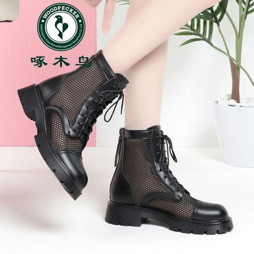 
Woodpecker High-end Spring and Summer 2025 New Mesh Martin Boots Breathable Women's Short Boots Leather Thick Sole Hollow Sandal Boots Middle Heel Black 38