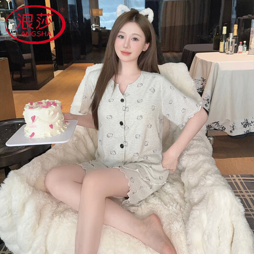 Pajamas modales de Langsha (Langsha) con almohadilla para el pecho para mujeres delgadas de manga corta de verano para mujeres Conjunto de ropa para el hogar transpirable externo simple 838 m [tela modal fría]