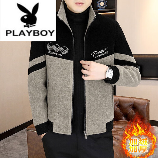Playboy (PLAYBOY) woolen jacket for men's earthy autumn and winter 2024 new stand-up collar gold mink velvet trench coat thickened mature steady wool coat 6629 gray style plush M 105Jin [Jin equals 0.5 kg]