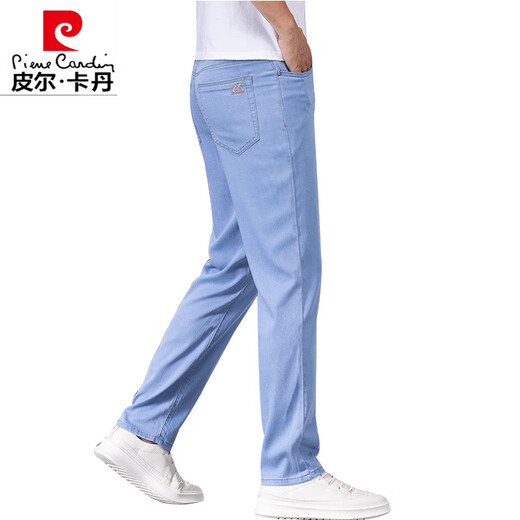 皮尔卡丹冰丝牛仔裤男士夏季薄款男裤天丝蓝色2025新款弹力轻薄长裤子 蓝色9767 32