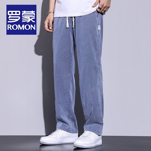 罗蒙（ROMON）夏季薄款天丝牛仔裤男士宽松直筒休闲阔腿裤男冰丝长裤子 连帽1048黑色-HJ连 帽 M