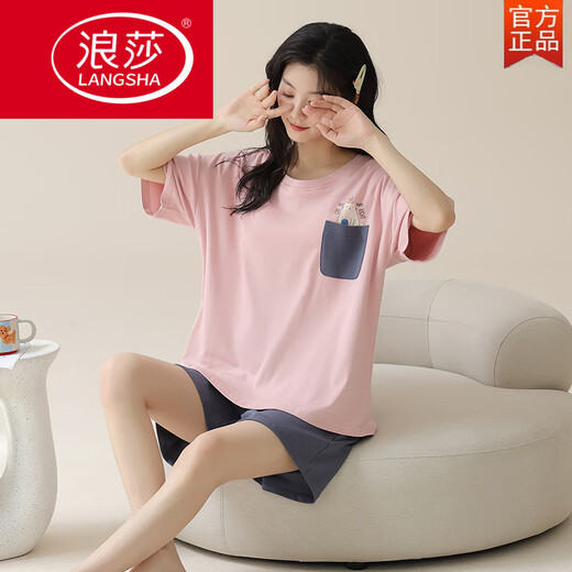 浪莎（LangSha）带胸垫一体纯棉睡衣女夏季短袖短裤韩版可爱甜美加大码家居服套装 带胸垫短-袖套-G1047 M 女【建议80-100斤】