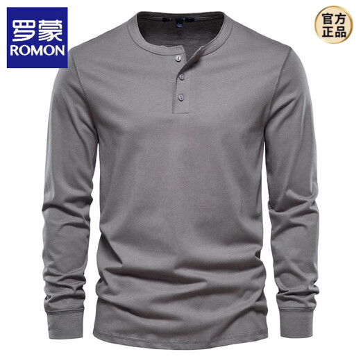 ROMON long-sleeved t-shirt for men, pure cotton, heavyweight army green henley shirt, American spring and autumn round neck open-neck top, royal blue M (weight 130-145Jin Jin equals 0.5kg)