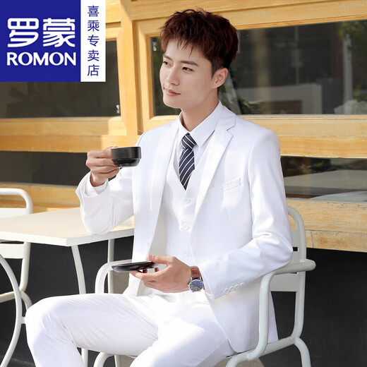 ROMON men's suit, casual white small suit, Korean style men's jacket, handsome, slim and trendy new product, two-button white suit + trousers 160/XS
