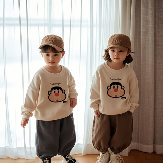 G.duck's special parent-child clothing for a family of three or four in autumn and winter. Children's velvet thickened sweatshirts for small-month-old babies. Milky white large pattern. Thickened without velvet. 100