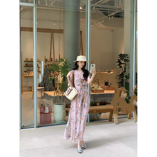 度假风碎花连衣裙女仙气设计感V领气质显瘦背心长款裙子夏季新品 粉红色连衣裙 【温馨提示：高品 XS 90斤以内