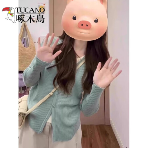 啄木鸟（TUCANO）早春绿色假两件针织衫上衣开衫女2025新款慵懒高级感撞色软糯毛衣 绿色 假两件 S 建议80-95斤