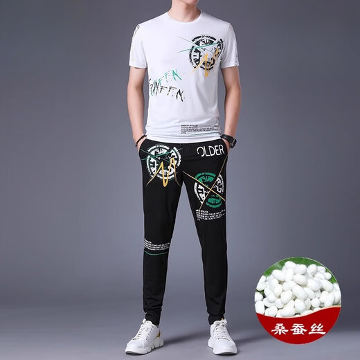 JEEP SPIRIT casual suit men's summer short-sleeved mulberry silkworm ice silk handsome match with Korean style fashion print trend 9227 black 3XL 185