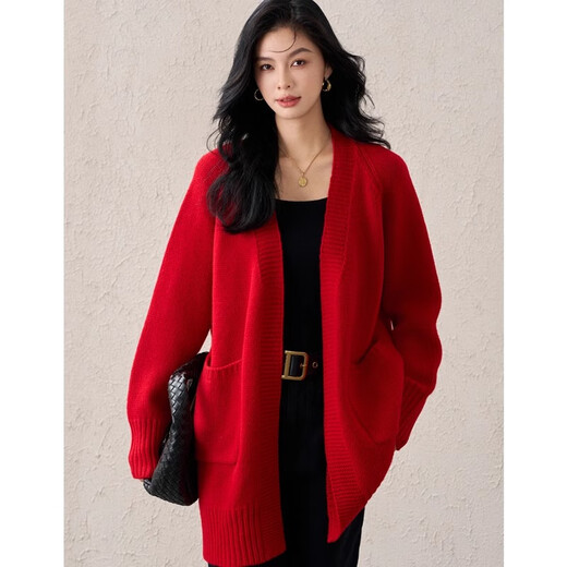 
ROMON pure wool sweater for women in 2025 autumn and winter new lazy style loose mid-length small fragrance style cardigan sweater red one size