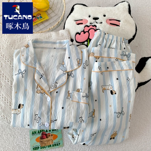 Woodpecker 2025 new pure cotton gauze pajamas for women in summer short-sleeved three-piece set cute style striped dachshund dog home clothes Yunduo Cotton-J9901# Paradise Puppy Three-piece Set M [Suggestion 75-100Jin[Jin equals 0.5 kg]]