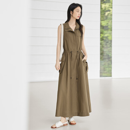 Dialogue Style de travail Robe de chemise de taille à cordon de taille pour les femmes 2025 Été Nouveau haut de gamme Haut-plage Sans manches à manches longues Khaki M