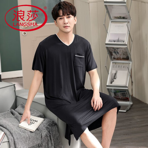 浪莎（LangSha）凉爽男士割包皮睡裙睡袍男夏季薄款冰丝莫代尔睡衣男长款短袖宽松 旗舰店-844灰色 L
