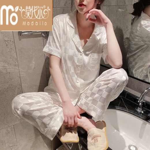 Modal Ice Seide Pyjamas für Frauen im Frühling und Herbst zweiteilig dünne Sommer-Heimkleidung mit 829-weißer Plaid [Langarmhose] M [80-100jin [Jin ist gleich 0,5 kg]]]