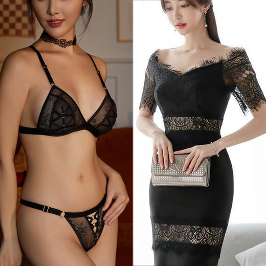 维多利亚宫廷性感文胸 透气蕾丝花纹内衣女纯欲小胸无钢圈美背三角杯文胸套装 文胸+丁裤 M
