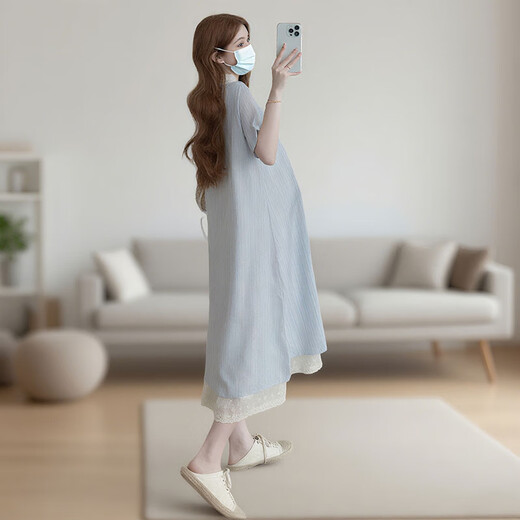 Min sheng gefälschte zweiteilige Spitzen-Mutterschaftskleid mit einem Kleid mit einem sommeren koreanischen Stil locker und modisch leicht fett groß Größe Geburtstagsgeschenk Blau L [Vorgeschlagen 110-125 Jin [Jin ist gleich 0,5 kg]]