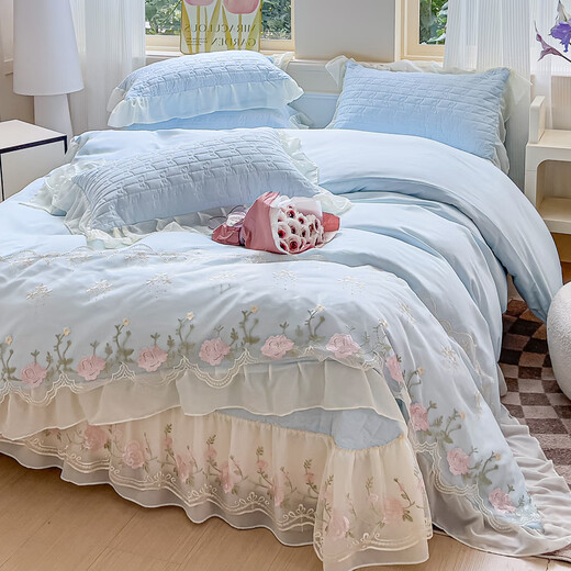Fu丨Anna French light luxury princess style cotton four-piece set 2025 new chiffon lace embroidered quilt cover Huali-Baby Blue bed sheet style 1.8m bed cover four-piece quilt cover 200*2