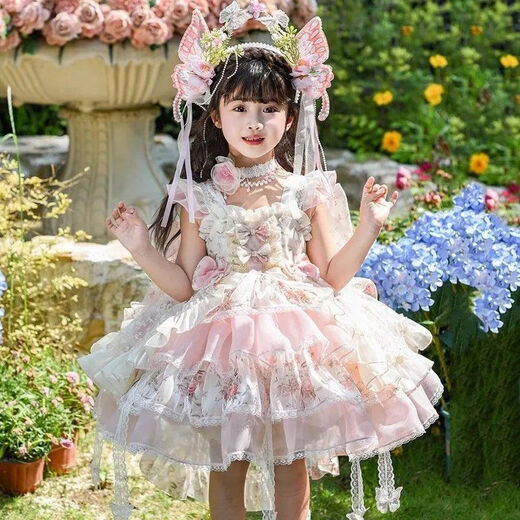 
Mikoshan girl Lolita Princess Dress Summer New Style Monet Garden Dress Flower Fairy Lolita Skirt [No Accessories] Pink + bow tail 140