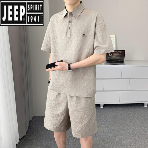 Jeep (Jeep) Camisa de solapa de seda de hielo Traje de manga corta para hombres casuales de 2025 Summer Nuevo deportes sueltos de secado rápido Set de dos piezas Khaki XL 130-145Jin [Jin iguala 0.5 kg]