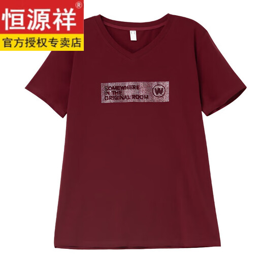 恒源祥V领宽松t恤夏装新款中年妈妈洋气短袖上衣大码女装胖mm显瘦潮 9923酒红色长袖 L 适合体重105-119