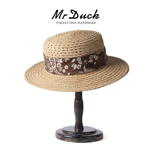 Mr DUCK2025秀场款 进口马达加斯加 拉菲草帽子女 夏天法式平顶礼帽镂空 本草/佩斯利啡棕（镂空平顶帽） M（55-57cm）