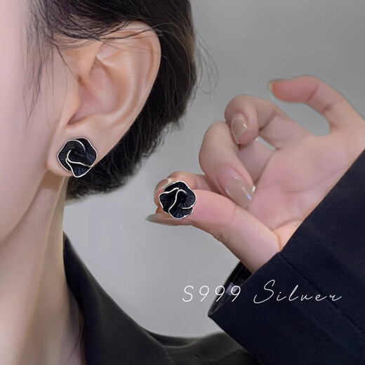 Ruihongxiang 999 sterling silver earrings black camellia earrings for women light luxury niche design temperament earrings 2025 new earrings 999 sterling silver earrings black camellia earrings pair