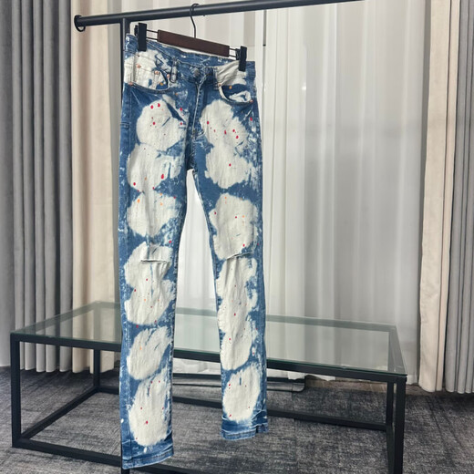Chengzi Kuaishou Internet celebrity super hot light luxury jeans high street tide men American ink-blocked color slim foot jeans picture color 9871 28