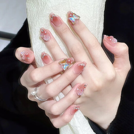 New hand-made armor with high appearance short pure aurora butterfly camellia manicure nail art nail fake nail patch BY1047# crystal purple butterfly glue model
