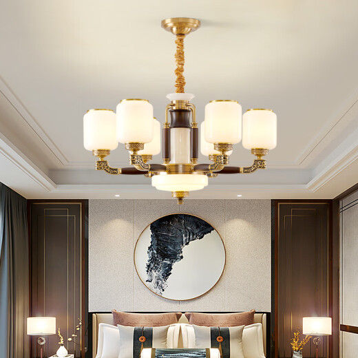Lescot new Chinese-style jade living room chandelier Chinese style black gold solid wood villa main lamp restaurant lamp large SN3890 solid copper head 40 head high-end copper + wood