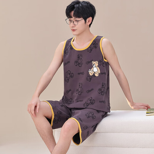 Moxiao vest shorts sleeveless cotton pajamas men's summer student home clothes spring and summer suit summer plus thin cotton vest shorts: 1355 checkered little yellow duck M teenage version: 60-75 Jin [Jin equals 0.5 kg] high 150