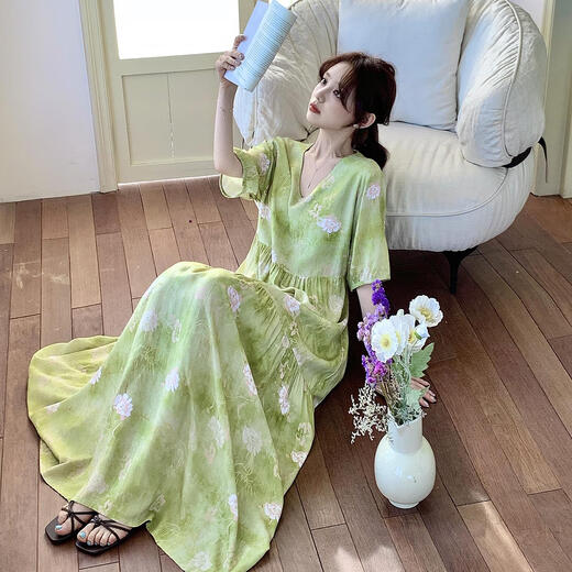 山头林村一体式固定胸垫睡裙可外穿有腰带女短袖夏季棉绸加长款连衣裙 V领长裙淡蓝花条带胸垫 均码 F裙长12590-160斤