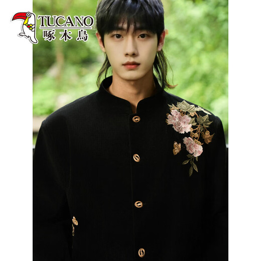 Woodpecker New Chinese Style Peony Butterfly Embroidered Suit Suit Men's Chinese tunic suit Chinese style Tang suit jacket groom wedding black two-piece suit jacket + pants L 141-155Jin Jin equals 0.5 kg
