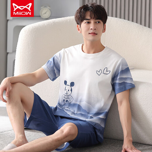 
Catman (MiiOW) men's pajamas summer pure cotton thin round neck short sleeves youth loose casual simple striped shorts home clothing FA#6627 L Recommended 100-125 Jin [Jin equals 0.5 kg]