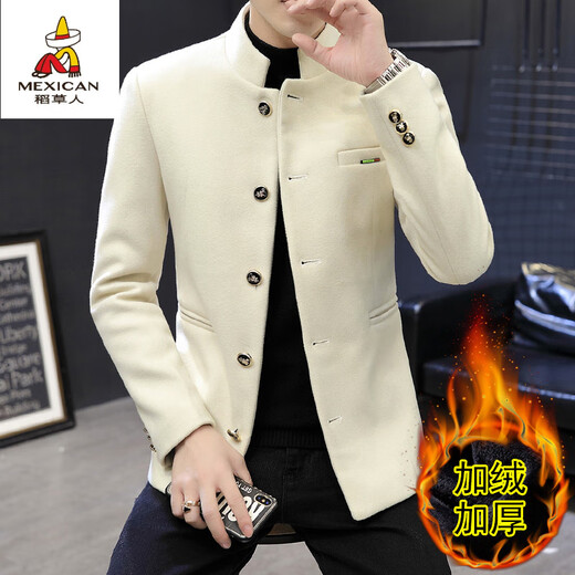 Scarecrow winter velvet suit jacket for men, Korean version, slim, stand-up collar, tunic suit, handsome, thickened and warm, solid color small suit, trendy off-white 2XL