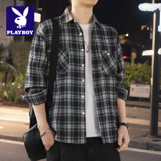 Playboy; Playboy American Retro Shirt Herren Frühlings- und Herbst -neuer Stil Komfortable lange Ärmel modische einfache und vielseitige hübsche Top -Männer K12108 Grau XL