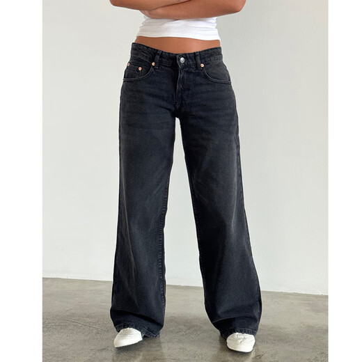 
SAKENMAO American retro low waist non-elastic wash straight jeans for women in autumn street wide-leg denim women's pants 12176 Academy Blue L