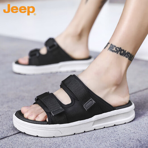 吉普（JEEP）拖鞋男2024新款魔术贴夏季外穿潮流一字拖男款防滑青少年沙滩凉鞋 黑色 43