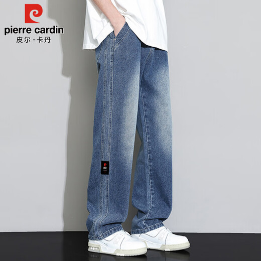 皮尔卡丹（pierre cardin）牛仔裤男夏季薄款潮流复古直筒裤子男宽松阔腿长裤男装 复古蓝 XL