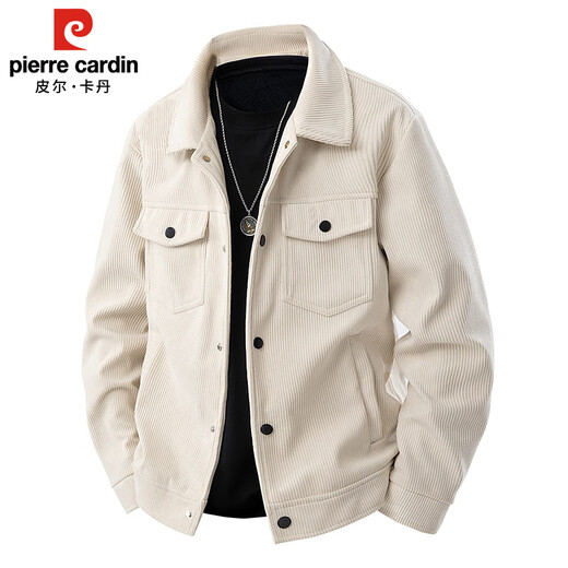 Pierre Cardin work jacket men's autumn and winter trendy casual lapel thickened corduroy jacket men's clothing beige XL