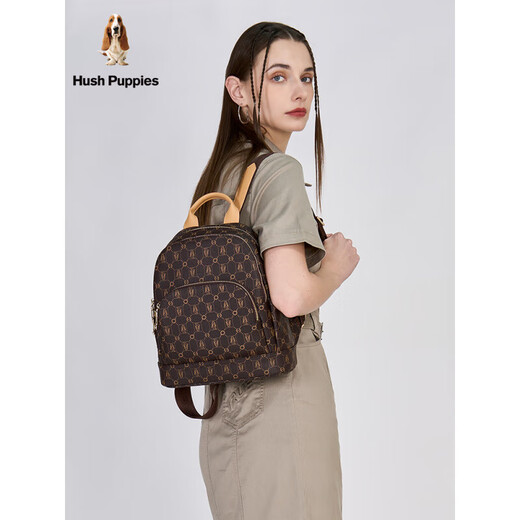 暇步士（Hush Puppies）女包时尚老花双肩包大容量通勤背包女旅行包电脑包学生书包官方正 经典咖色