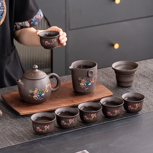 Original mineral purple sand tea set, color-changing dragon and phoenix teapot, kung fu tea cup, ceramic household tea set, a complete set of gift boxes, purple sand - dragon, phoenix, dragon and egg pot with four cups + black square plate